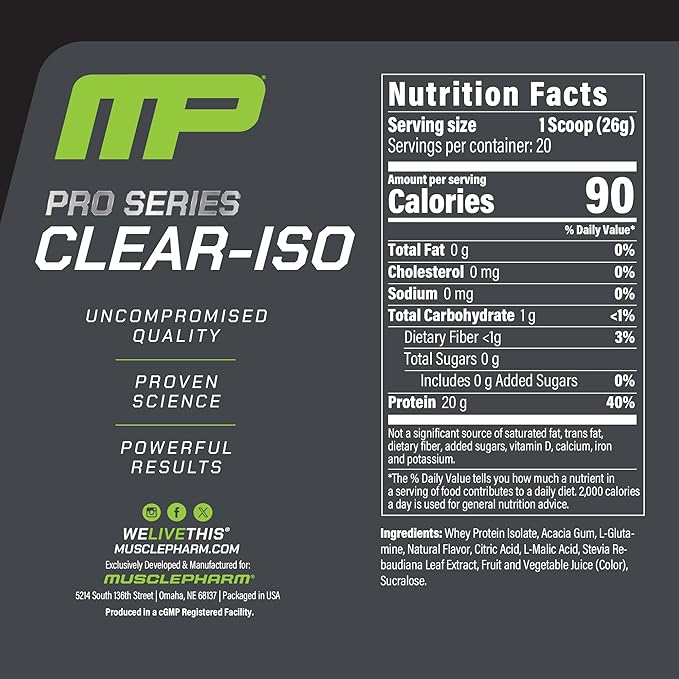 MusclePharm Pro Series Clear-ISO, Clear Protein Powder, 20g Fast-Acting Whey Isolate per Serving Plus BCAAs & L Glutamine | Pro-Grade Muscle Recovery & Growth | Sour Peach Rings, 1.14 lb, 20 Servings