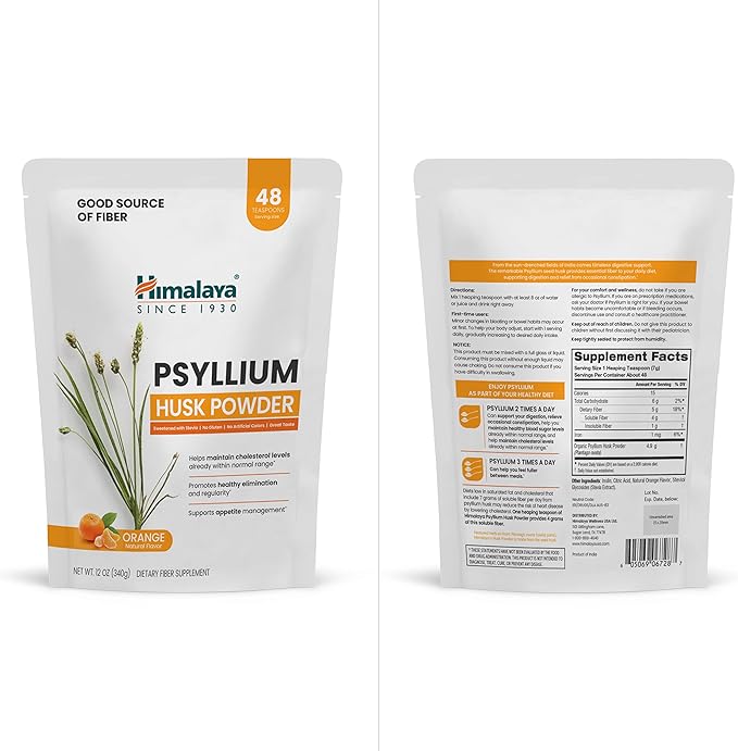 Himalaya Psyllium Husk Powder, Orange, 48 Servings - Daily Fiber Supplement for Supporting Digestive Health and Regularity - Vegan, Non-GMO, Sugar Free, Gluten Free, 12 oz (340 g)
