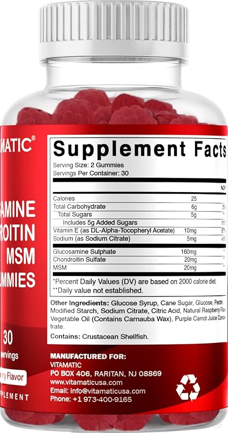 Vitamatic Glucosamine Chondroitin Gummies with MSM & Vitamin E – Joint Support – 60 Pectin-Based Vegan Gummies per Bottle – Pack of 2 (Total 120 Gummies)