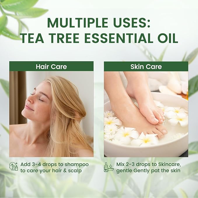 Pure Tea Tree Essential Oil, 100% Pure Therapeutic Grade Premium Oil for Hair Care, Nail Care, Skin Care, Aromatherapy 3.38Fl Oz
