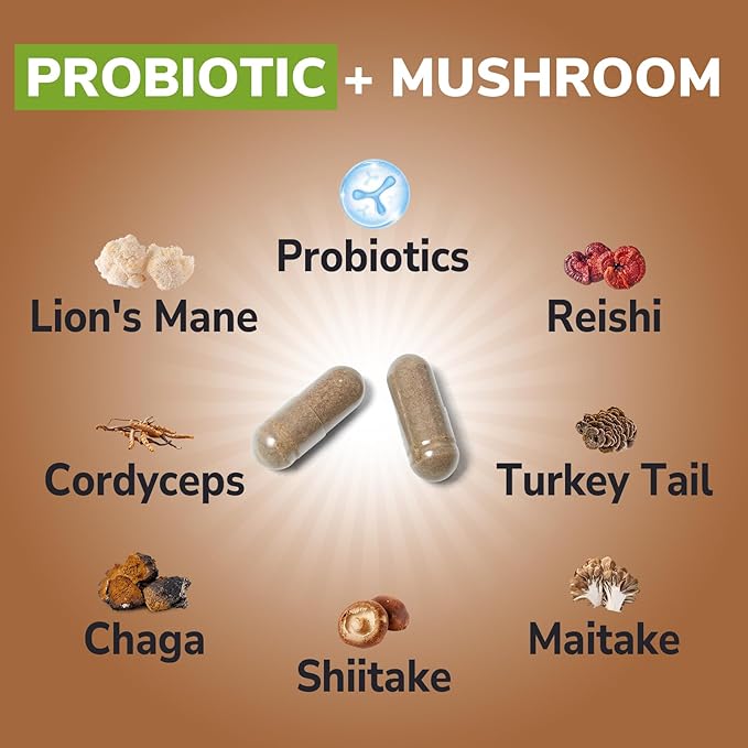 Probiotics+Mushroom, with Lion's Mane, Reishi, Cordyceps, 10 Probiotic Strains, 10000mg Mushroom Strength, for Digestive, Immune, Brain Health & Energy Production, 60 Vegan Capsules