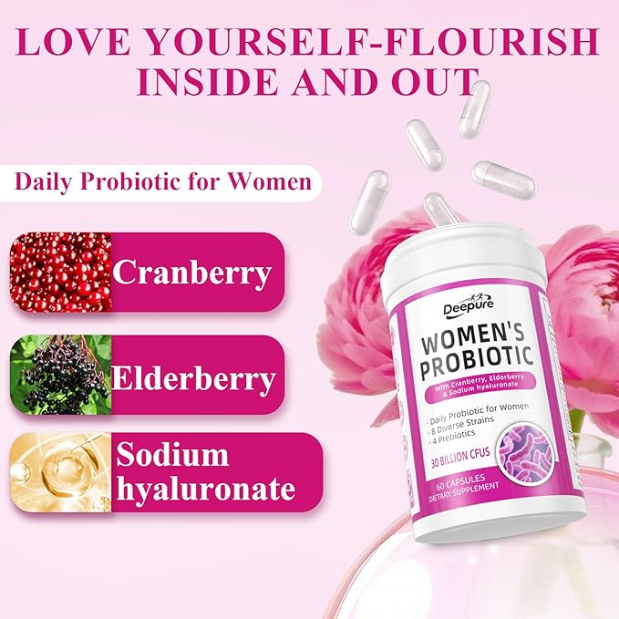 Deepure Probiotics for Women- 30 Billion CFU Women's Probiotic Capsules with Prebiotic Cranberry Supports Vaginal pH Balance, Digestive & Immune Health 60 Vegetarian Capsules