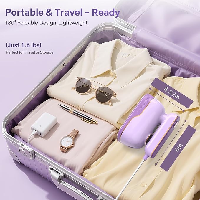 Travel Steamer Iron for Clothes, Portable 2-in-1 Dry & Steam Iron, 6 Smart Modes, 180° Rotatable Handle, 15s Fast Heat-Up, 15min Continuous Steam, Mini Steamer for Home & Travel