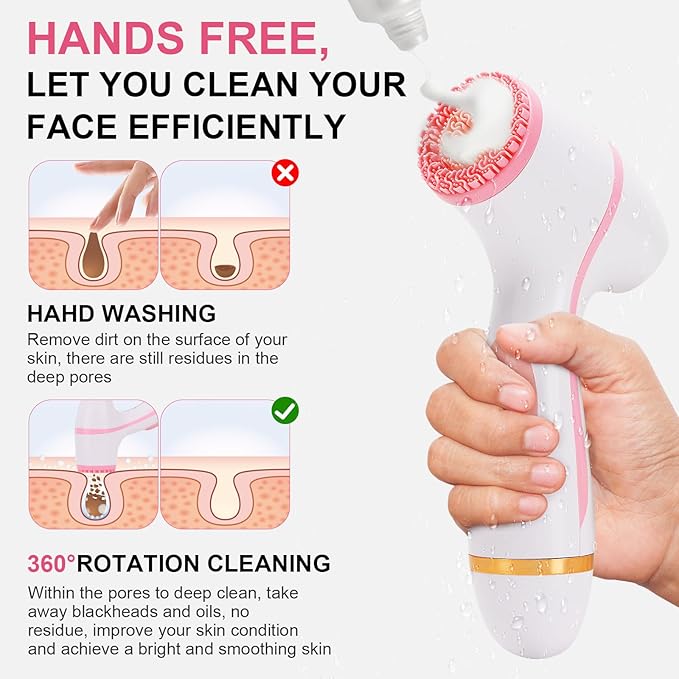 Facial Cleansing Brush, Waterproof Dual-Rotation Face Scrubber Exfoliator with 3 Brush Heads and 2 Adjustable Speeds, Rechargeable Exfoliating Face Brushes for Cleansing and Skin Care (Pink)