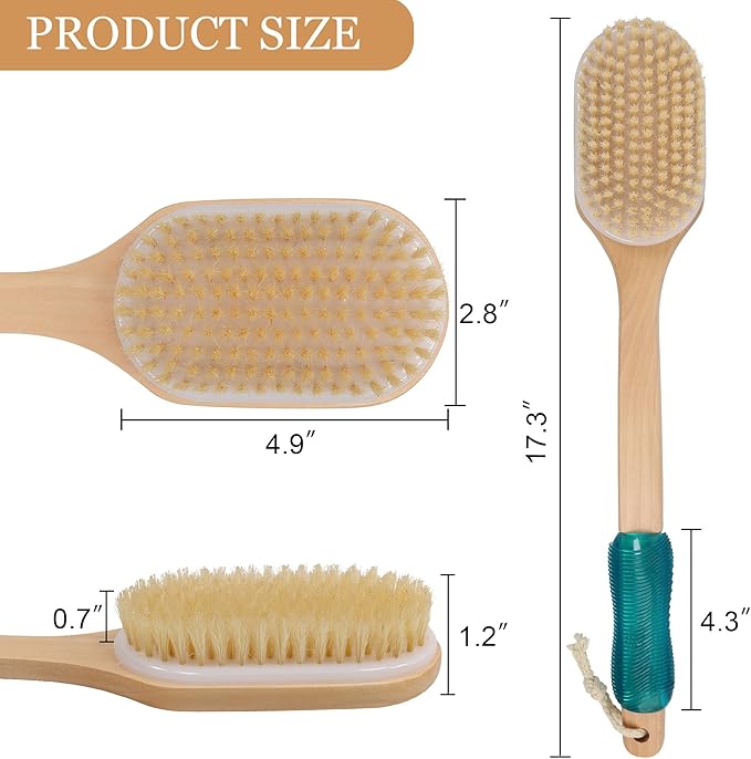 OWIIZI Back Scrubber for Shower,Stiff Boar Bristles Wooden Curved Long Handle Antiskid Body Bath Brush for Back Use Wet or Dry,Deep Cleanse Large Surface Back Scrub Brush