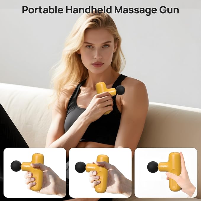 Super Mini Massage Gun Deep Tissue with 5 Speeds, Small Travel Size Percussion Muscle Massager for Pain Relief with 4 Attachments, Handheld Portable Massager Gun for Man & Women, Yellow