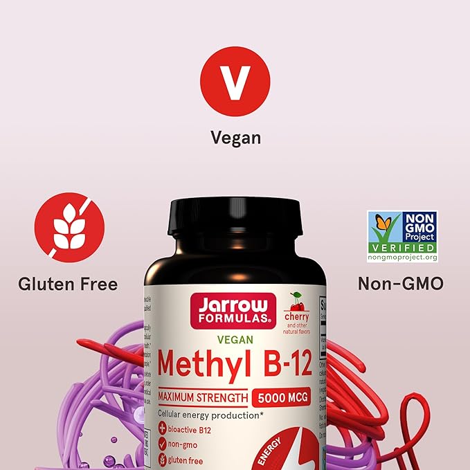 Jarrow Formulas Maximum Strength Methyl B-12 5000 mcg, Dietary Supplement for Cellular Energy Production and Brain Health Support, 60 Cherry-Flavored Chewable Tablets, 60 Day Supply, Pack of 12