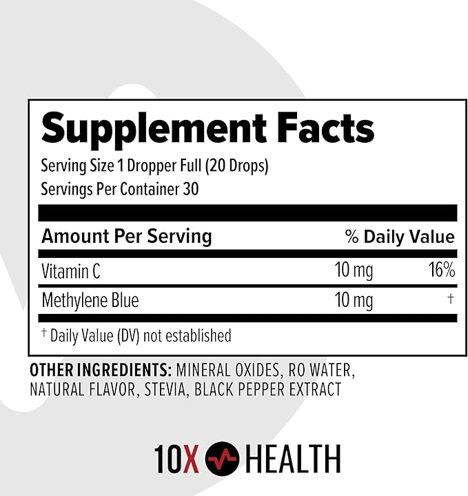 10X Health Methylene Blue Drops with Black Pepper Extract - 30ml Methylene Blue Pharmaceutical Grade Liquid - Boost Energy, Enhance Focus & Cognitive Support - Pina Colada Flavor, Vegan, Non-GMO