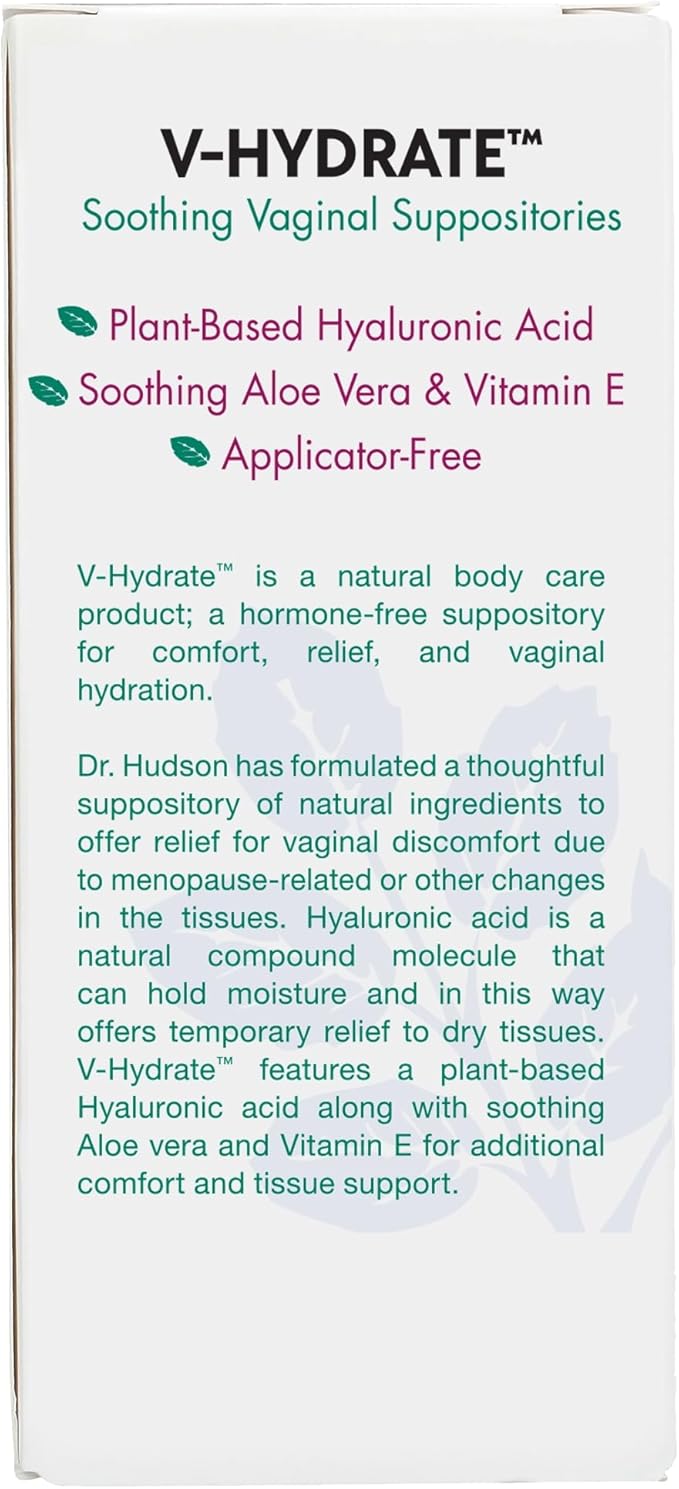 Vitanica V-Hydrate, Hyaluronic Acid Vaginal Suppositories for Comfort and Vaginal Hydration with Aloe Vera and Vitamin E, Hormone-Free & Drug-Free, Vegan, 2 Month Supply, 24 Count