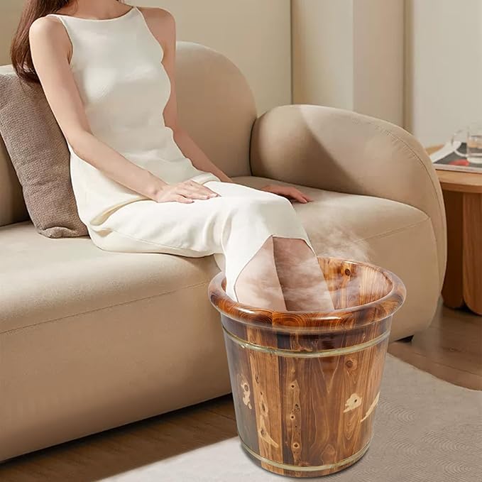 Wooden Footbath Bucket with Lid, Foot Bath Tub Basin Foot Massager Wooden Pedicure Soak to Relieve Stress Pedicure Bowl Footbath Barrel for for Seniors and Home Spa Experience (Brown)
