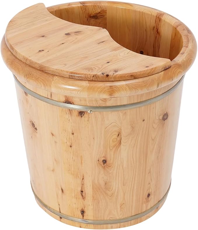 Wooden Foot Bath Bucket Foot Soaking Bath Basin with Lid Wood Footbath Barrel with Wooden Stool Pedicure Barrel for Spa, Massage, Sauna 15.75 * 15.75in (Wood Color)
