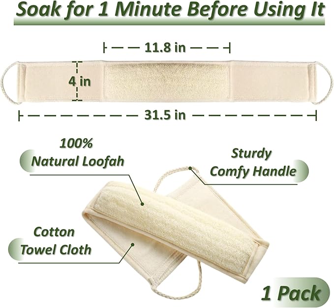 Natural Loofah Exfoliating Body Scrubber for Men and Women, Loofah with Handle, Exfoliating Back Scrubber for Shower Set, Luffa Sponge to Clean & Relax Your Body Deeply (1 Pack)