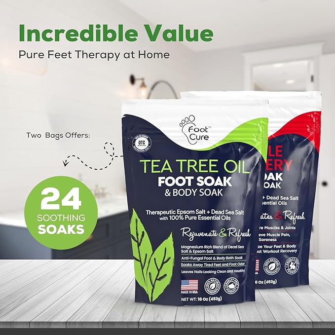 Tea Tree Oil & Muscle Foot Soak with Epsom Salts - All-Natural Salts for Post-Workout Recovery - Softens Calluses, Soothes Sore & Tired Feet, Foot Odor Control, Spa Pedicure, Made in USA, Pack of 2