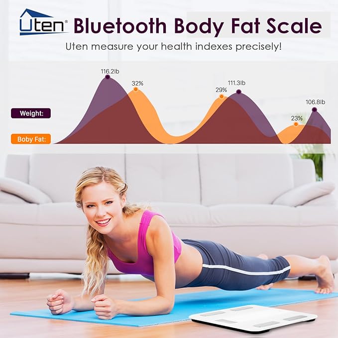 Uten Body Fat Scale Smart BMI Scale Digital Bathroom Wireless Weight Scale, Body Composition Analyzer with Smartphone App sync with Bluetooth-Compatible (White), Connect USB Cable to Charge
