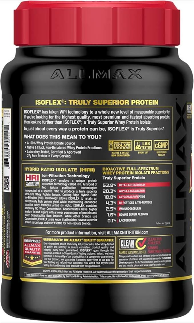 ALLMAX ISOFLEX Whey Protein Isolate, Blueberry Muffin - 2 lb - 27 Grams of Protein Per Scoop - Zero Fat & Sugar - 99% Lactose Free - Gluten Free & Soy Free - Approx. 30 Servings