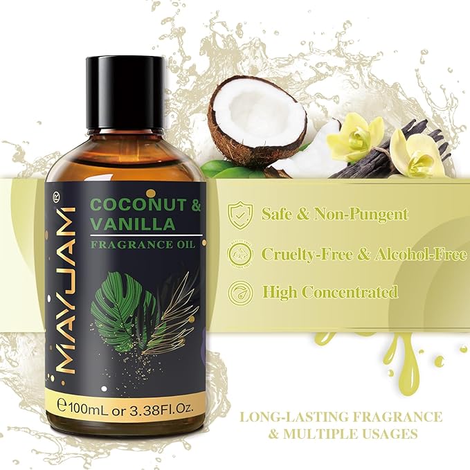 100ML/3.38FL.OZ Coconut & Vanilla Fragrance Oils with Glass Dropper, Essential Oils for Diffusers for Home, Long Lasting Scented Oils for Diffusers Soap Candle Making