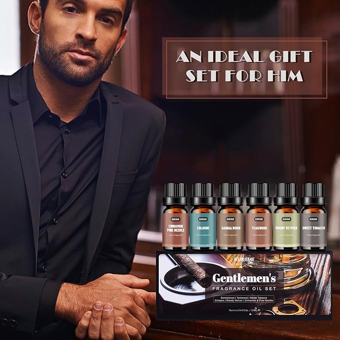 Essential Oils Set, Men Scents Fragrance Oil Essential Oils for Diffuser - Sandalwood, Teakwood, Sweet Tobacco, Cinnamon & Pine Needle, Woody Vetiver, Cologne Aromatherapy Oils for Men, 6x10ml