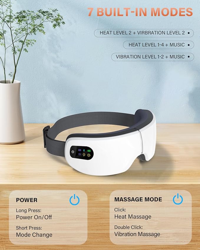 Eye Massager with Heat, 7 Massage Modes, Eye Mask, Birthday Gifts for Women, Men, Friend, Mom and Dad, Sleep Mask for Relax, Migraine Relief, Reduce Strain, Improve Sleep, White
