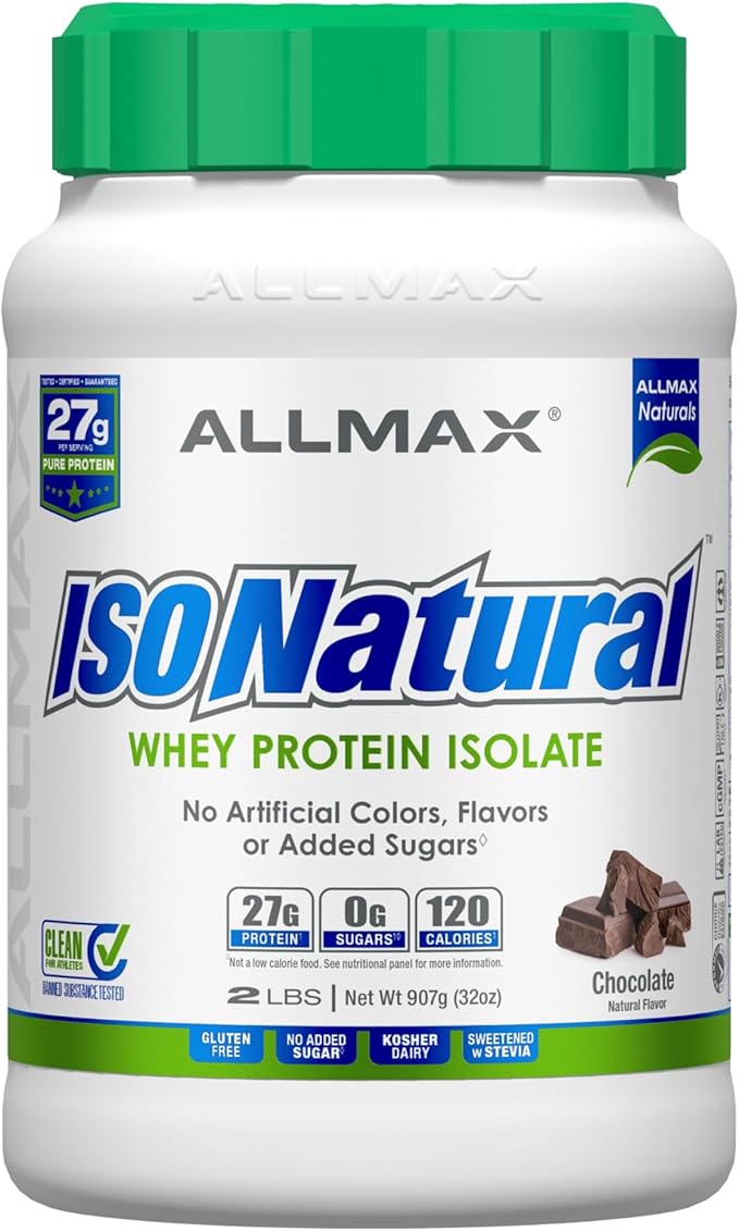 ALLMAX Nutrition ISONATURAL Whey Protein Isolate, Chocolate - 2 lb - 27 Grams of Protein Per Scoop - Zero Fat & Sugar - 99% Lactose Free - with Prebiotics - No Artificial Flavors - 29 Servings