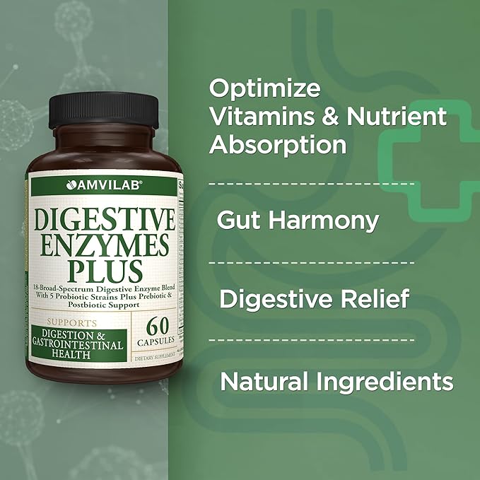 Digestive Enzymes Plus Probiotics.18 Broad Spectrum Digestive enyzme Blend with 5 probiotic strains Plus prebiotic and postbiot Support. - 60 Vegetarian Capsules