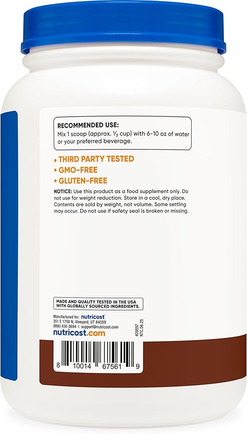 Nutricost Grass-Fed Whey Protein Isolate (Chocolate) 2LBS - Non-GMO, Gluten Free, Natural Flavors