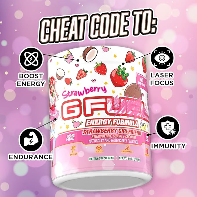 G Fuel Strawberry Girlfriend Energy Drink Powder, Pre Workout Caffeine Mix for Gaming, Sugar Free Focus Amino + Antioxidants, 9.9oz (Strawberry Guava, Coconut, 40 Servings)