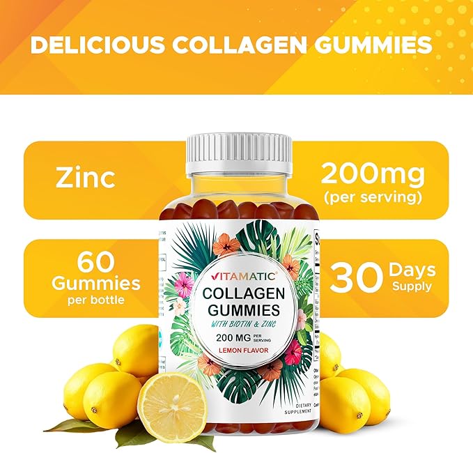 Vitamatic Hydrolyzed Collagen Gummies with Vitamin C, Zinc and Biotin, 200 mg - Healthy Skin Support - 60 Gummies