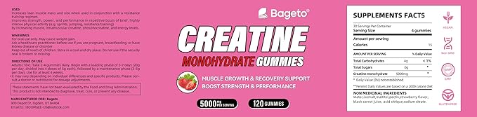 Creatine Monohydrate Gummies 5g for Men Women,Sugar Free Chewables Creatine Pre-Workout for Muscle Strength, Strawberry and Green Flavor, 120 Count