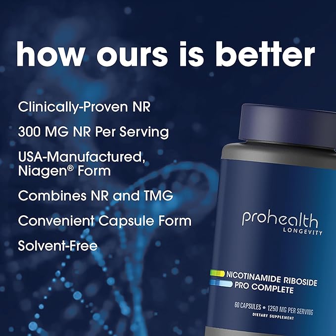 ProHealth Nicotinamide Riboside Pro Complete NAD+ Supplement. 500mg Patented Niagen NR (The Active Ingredient in NMN), Plus 250mg TMG, Plus 500mg Trans-Resveratrol. Equal to 690mg of NMN. 30 Servings