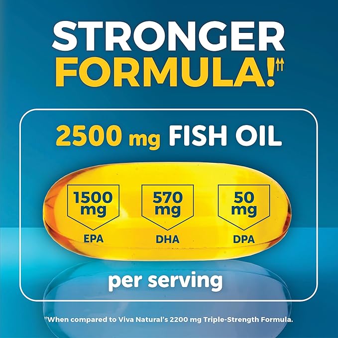Viva Naturals Triple Strength Omega 3 Fish Oil Supplement - 2500 mg Fish Oil with Re-Esterified Omega 3 Fatty Acids Including EPA, DHA DPA - 60 Pescatarian-Friendly Softgels