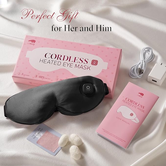 LitBear Heated Eye Mask, Silk Cordless Warm Eye Compress for Dry Eyes, Light Blocking Heat Eye Mask for Women Men, Soft Eye Heating Pad for Dry Eyes, Travel, Rechargeable, Washable Cover (Black)
