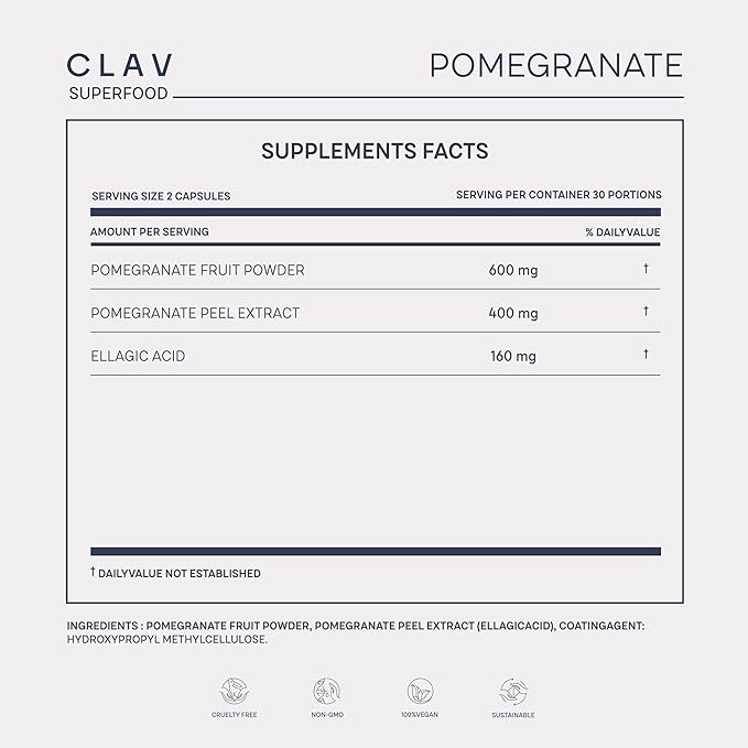 CLAV Pomegranate Extract - 1000mg Daily Dose - 40% Ellagic Acid - Vegan Pomegranate Supplement - Heart & Joint Support - 60 Capsules - Made in Germany