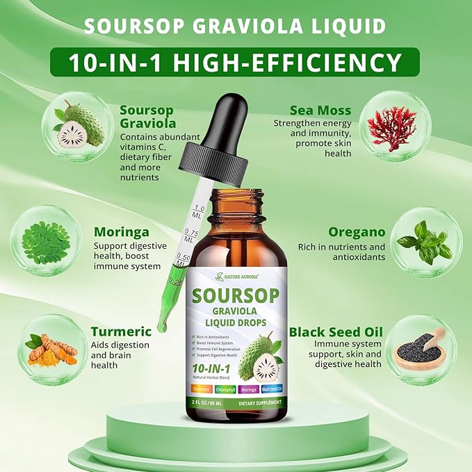 Soursop Drops - 10 in 1 Soursop Bitters Liquid, 2000mg Soursop Extract with Sea Moss, Moringa, Turmeric, Black Seed Oil, Oregano, Ashwagandha - Immune, Antioxidant, Digestive & Cell Support, 2 Fl Oz