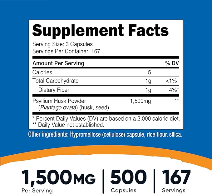 Nutricost Psyllium Husk 1500mg Per Serving, 500 Capsules - Non-GMO & Gluten Free