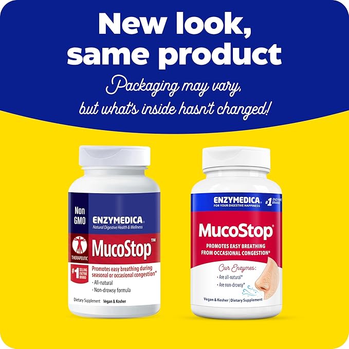 Enzymedica, MucoStop, Natural Enzyme Supplement, Relieves Seasonal or Occasional Congestion, Supports Easy Breathing, 48 Count