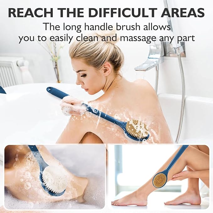 VANZAVANZU 17 Inch Back Scrubber for Shower, Anti-Slip Long Handle Shower Brush with Soft and Stiff Bristles, Exfoliating Bath Brush for Wet or Dry Brushing (Navy Blue)