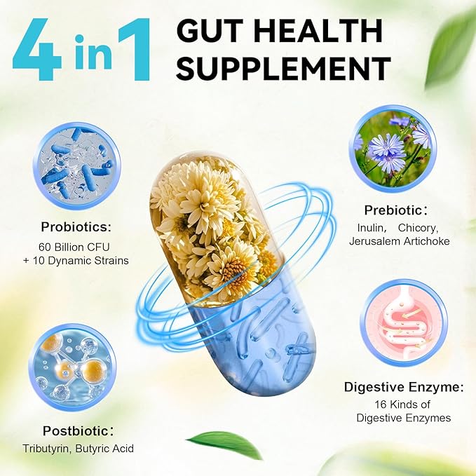 4-in-1 Gut Health Supplement with Probiotics, Prebiotics, Postbiotics & Digestive Enzymes for Women & Men, 60 Billion CFU Probiotics for Gut and Digestion, Strong Immunity, Skin (2 Pack)