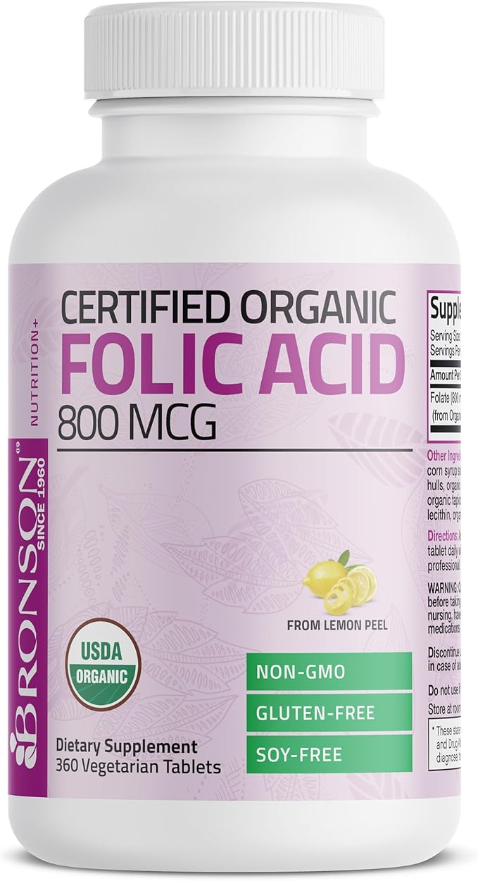 Bronson Organic Folic Acid (Vitamin B9 Folate) 800 mcg Folate from Lemon Peel 360 Tablets