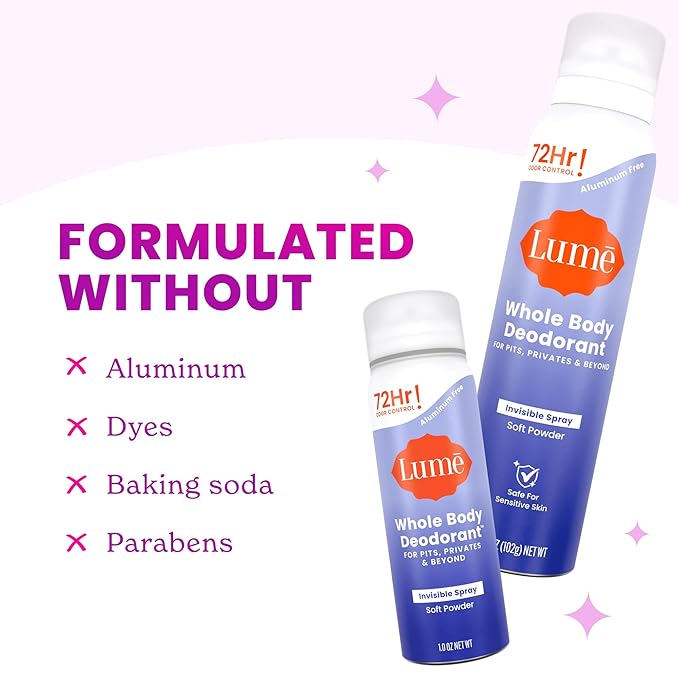 Lume Invisible Spray Deodorant For Women - Deodorant Spray + Mini Bundle - 72 Hr Odor Control - Ozone Friendly - Aluminum & Baking Soda Free, Skin Loving - 3.6 ounce + 1.0 ounce Mini (Soft Powder)