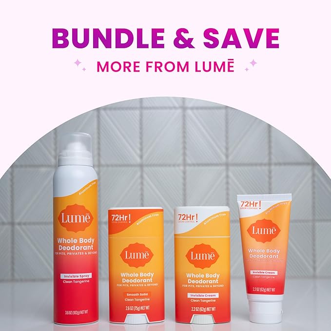 Lume Invisible Spray Deodorant For Women - Deodorant Spray + Mini Bundle - 72 Hr Odor Control - Ozone Friendly - Aluminum & Baking Soda Free, Skin Loving - 3.6 ounce + 1.0 ounce Mini (Clean Tangerine)