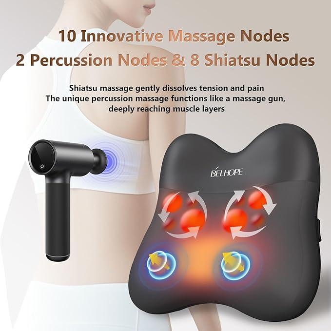 Back Massager with Heat, Shiatsu and Percussion Massage, Cordless Lower Back Massage for Pain Relief Deep Tissue, 4D Neck Massager and Massage Pillow for Shoulder, Black
