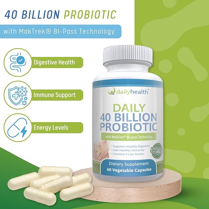 Daily Probiotic 40 Billion CFU MakTrek Bi-Pass Technology Digestion Immune Health 60 Veggie Capsules (1 Month Supply)