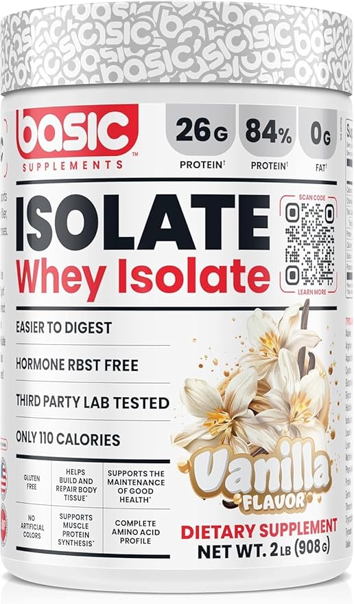 Basic Whey Protein Isolate, 26g Protein, 0g Fat, Gluten-Free, RBST-Free, Rapid Absorption, 110 Calories (2 Pound, Vanilla)
