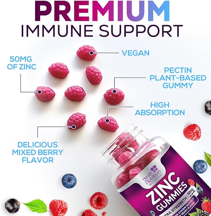 Zinc Supplement 50mg Gummies for Adults - Max Strength Skin Health & Immune Support Gummy, Vegan, Non-GMO & Gluten Free, Nature’s Antioxidant & Bone Health Chewable Tasty Berry Flavor - 60 Gummies