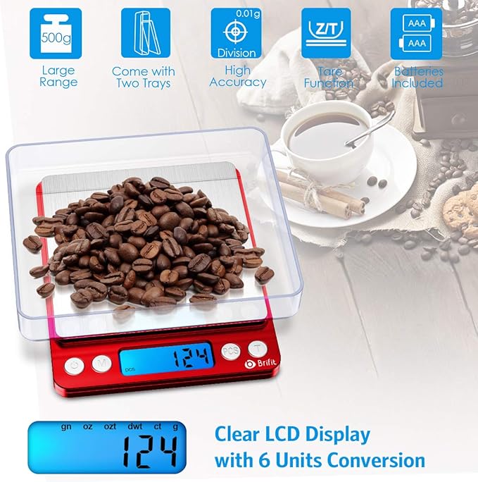 AMIR Upgraded Digital Kitchen Scale, 500g Mini Pocket Jewelry Scale, Cooking Food Scale with Back-Lit LCD Display, 2 Trays, 6 Units, Auto Off, Tare, Stainless Steel (Batteries Included)