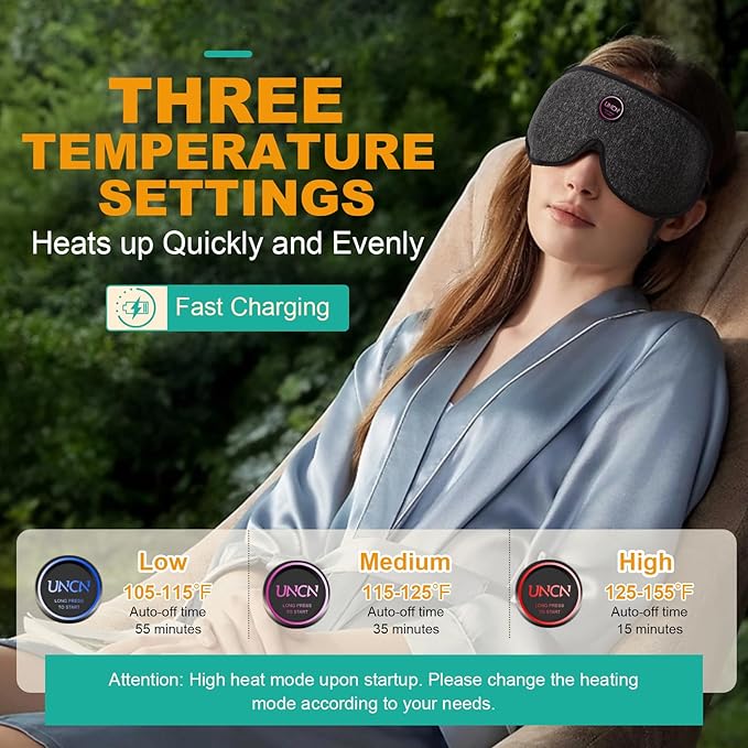 uncn Heated Eye Mask Cordless for Dry Eye Relief, 2500mAh Battery Rechargeable Warm Eye Compress for Light Blocking, Travel, Home, or Office Use