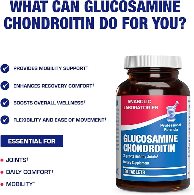 Advanced Glucosamine and Chondroitin for Adults - Clinical Formula Naturally Derived Bone Joint Tendon and Ligament Supplement with High Strength Glucosamine Complex - Up to 180 Day Supply