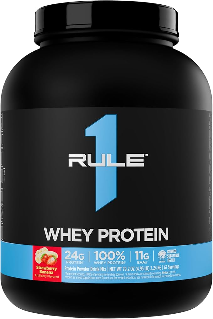 Rule 1 Whey Protein – 24g Fast-Acting Protein from All-Whey Sources with Naturally Occurring EAAs & BCAAs for Workout Recovery or Anytime Use (5 Pounds*, Strawberry Banana)