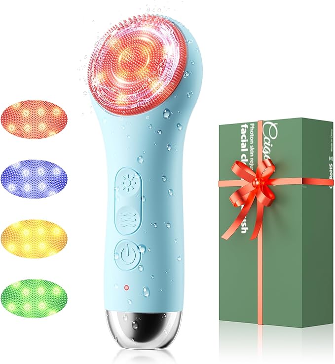 Facial Cleansing Brush: Rechargeable LED Electric Face Cleansing Brush with 4 Gentle Light Liquid Silicone Modes Face Scrubber Exfoliator,IPX7 Waterproof Ideal Gift for Men and Women-Blue