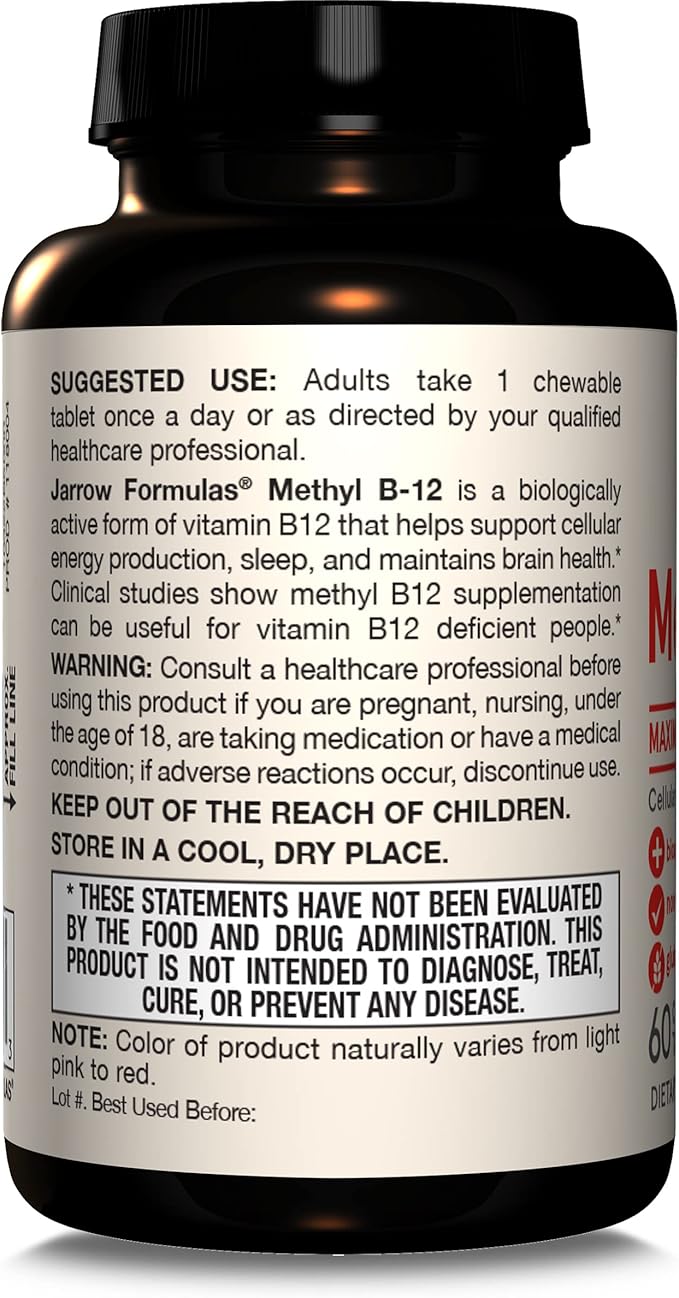 Jarrow Formulas Vitamin B12 5000 mcg - Maximum Strength for Cellular Energy and Brain Health, 60 Cherry Chewable Tablets, B12 Vitamins 5000 mcg